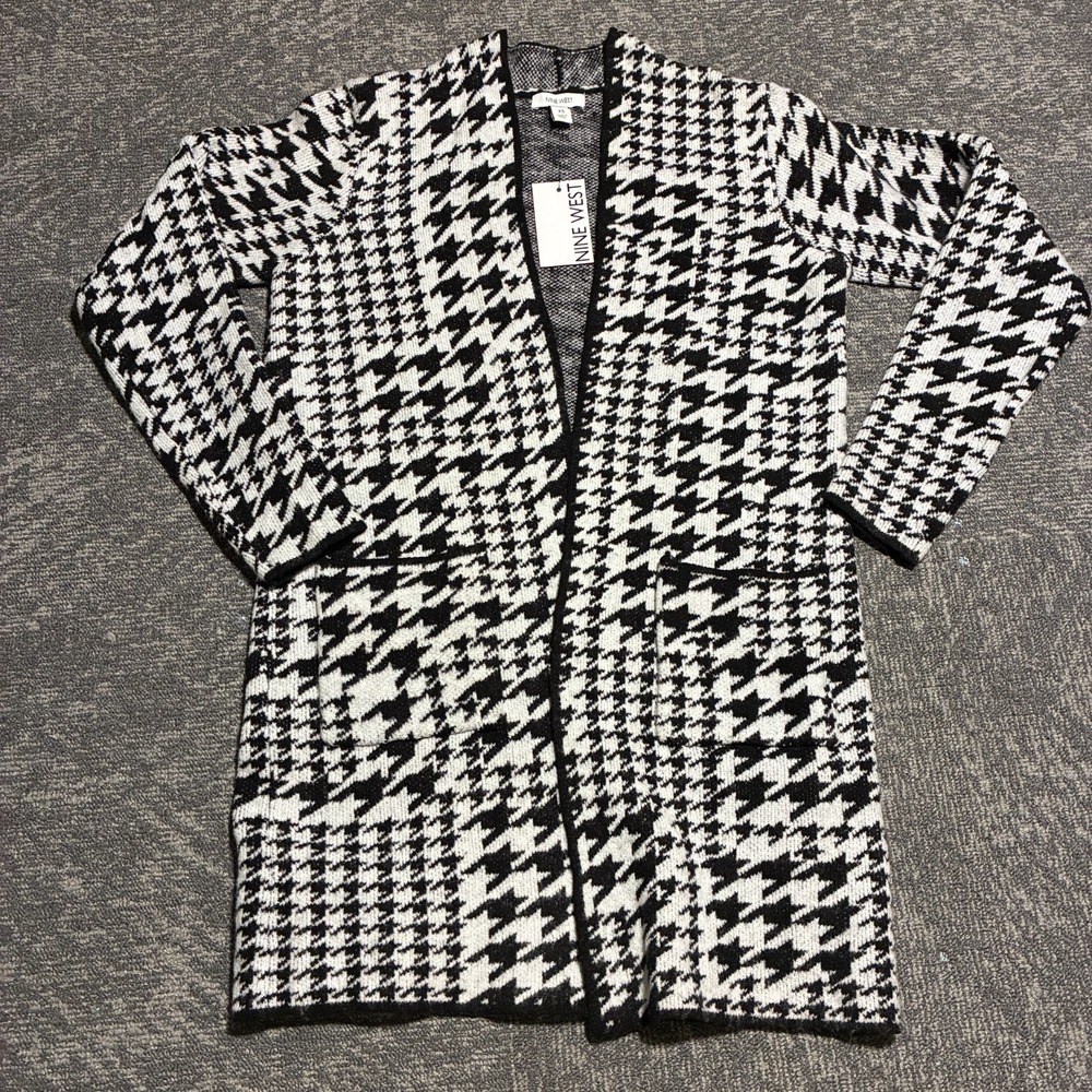 Nine West Houndstooth Cardigan Womens XS Longline Open Front Black White NWT
